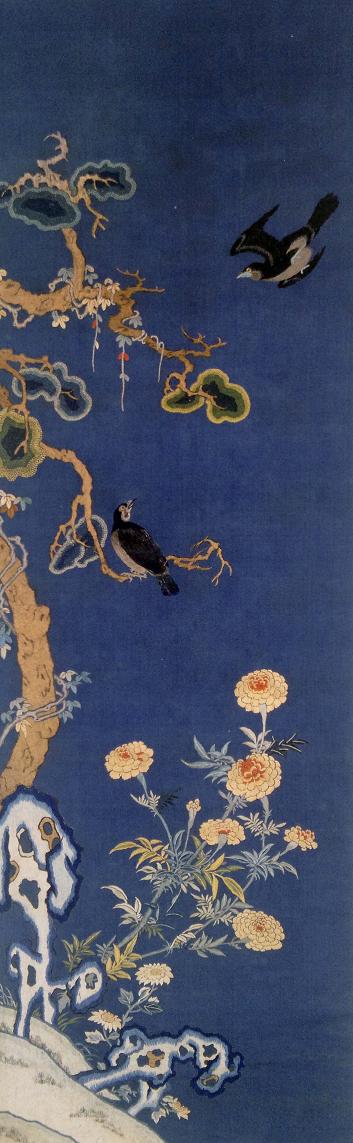 刺繡柏菊八哥圖(軸),清同治年間繡品,蘇繡,刺繡品,藏品繡