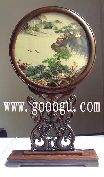 山水桌面臺屏,手工刺繡臺屏,雞翅木架雙面繡