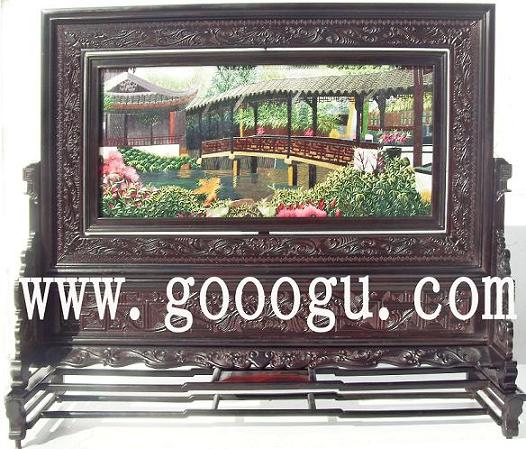 蘇州園林雙面繡，蘇繡園林圖案，蘇州景光刺繡臺屏