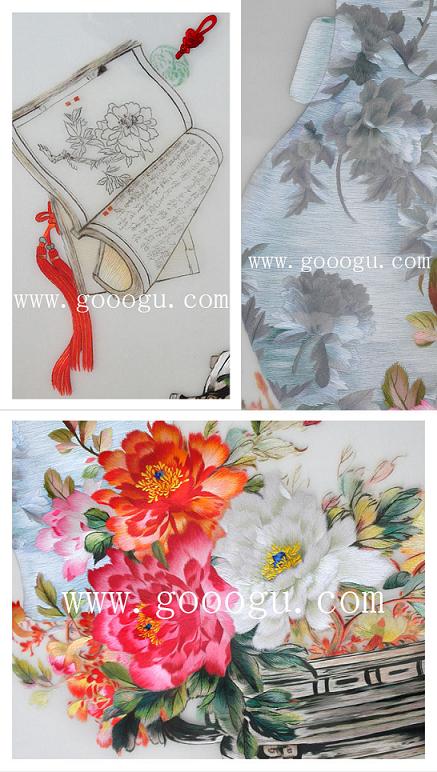 刺繡畫細節照片，牡丹古代題材蘇繡精品